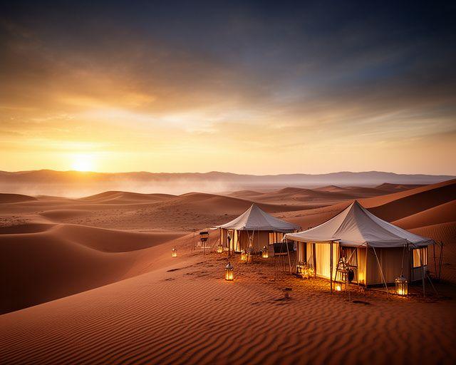Tende di lusso tra dune del Sahara al tramonto, atmosfera esclusiva
